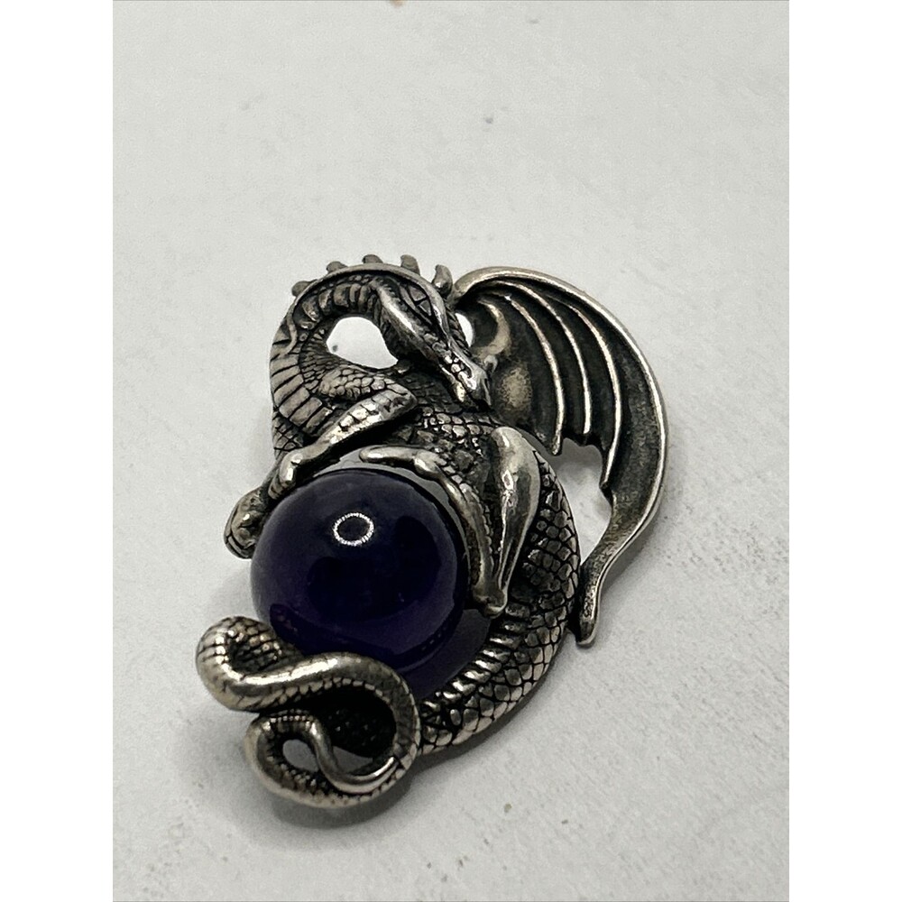 Vintage AICC 925 Dragon Holding Amethyst Sphere Pendant 96